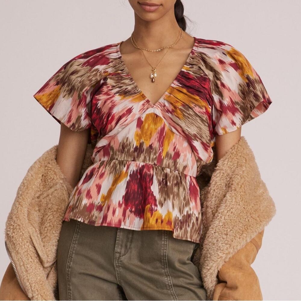 love the label | painterly cotton open back bohemian women's blouse sz XL